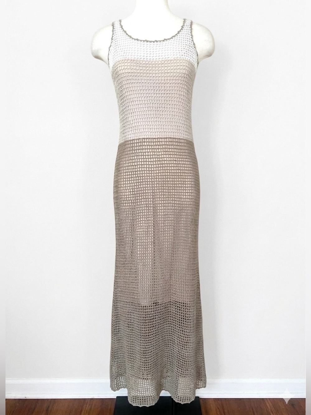 Tommy Bahama 100% Cotton Crochet Colorblock Maxi Dress Tan White Resort Boho L